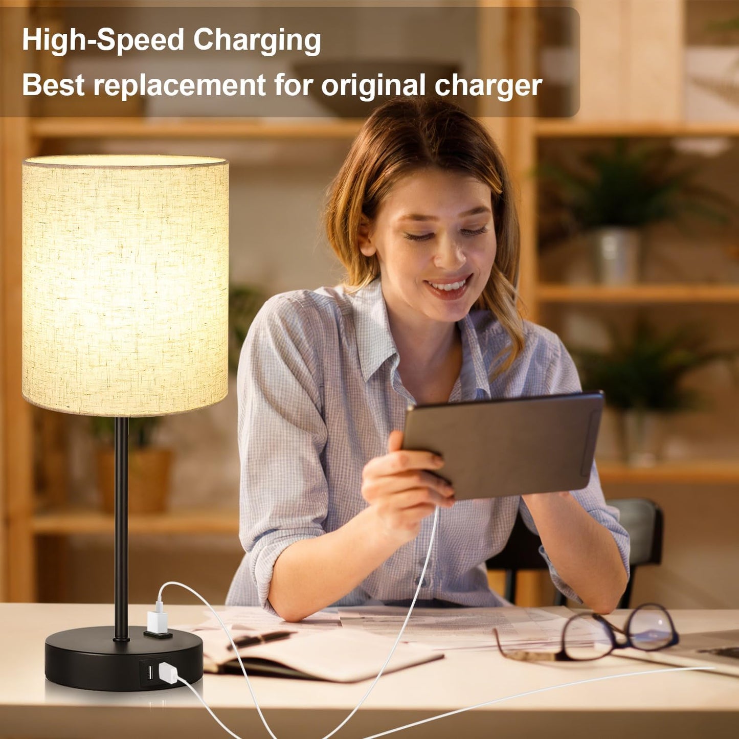 Set of 2 Touch Control Table Lamps with 2 USB & AC Outlet, 3-Way Dimmable Bedside Nightstand Lamps for Bedroom Living Room Nursery, 800 Lumens 5000K Daylight Bulbs Included