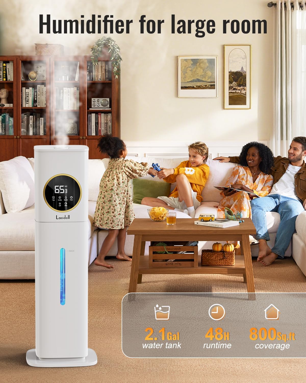 LACIDOLL Humidifiers for Bedroom 500 sq ft, 2.1Gal/8L Humidifier large room