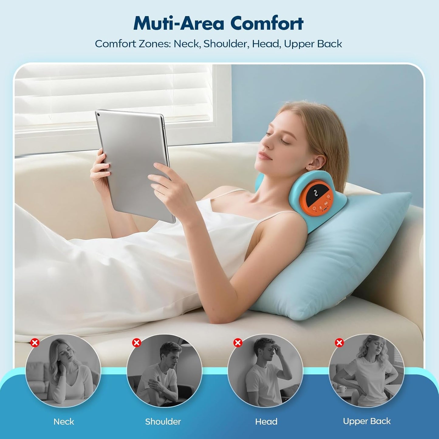 Smedz Neck Massager 2026, 4-in-1 Neck & Shoulder Massager with Multi-Directional Stretch, Heating & Vibration, 360° Remote Control–Ergonomic for Home, Office, Car Travel‌（Sky Blue‌）