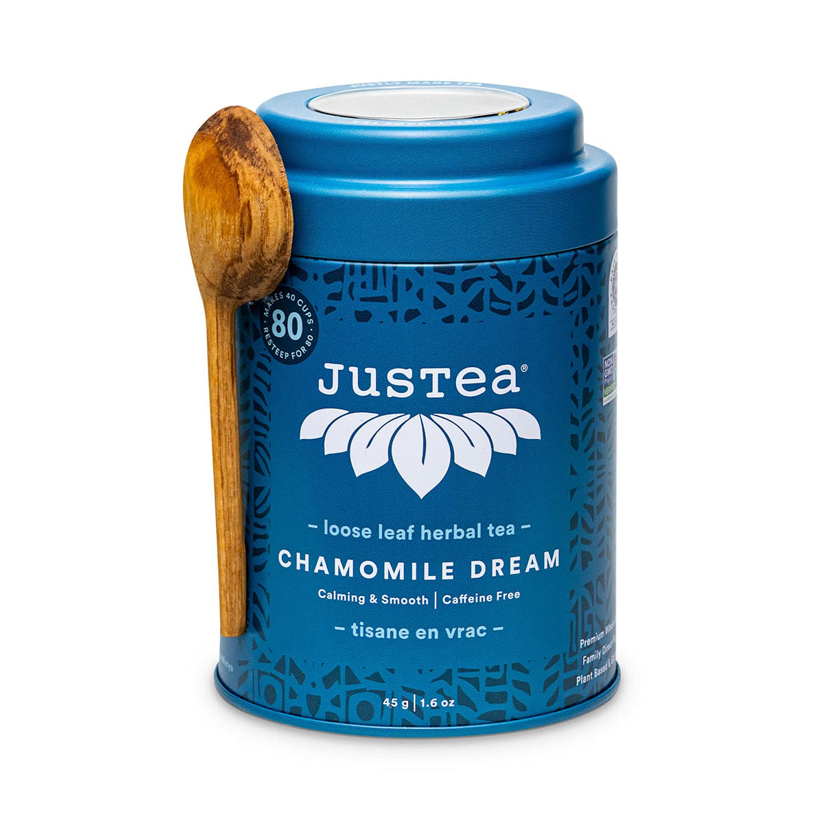 JusTea CHAMOMILE DREAM Loose Herbal Tea, 40+ Cup Tin + Spoon, Caffeine Free
