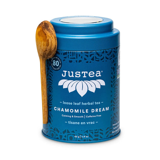 JusTea CHAMOMILE DREAM Loose Herbal Tea, 40+ Cup Tin + Spoon, Caffeine Free