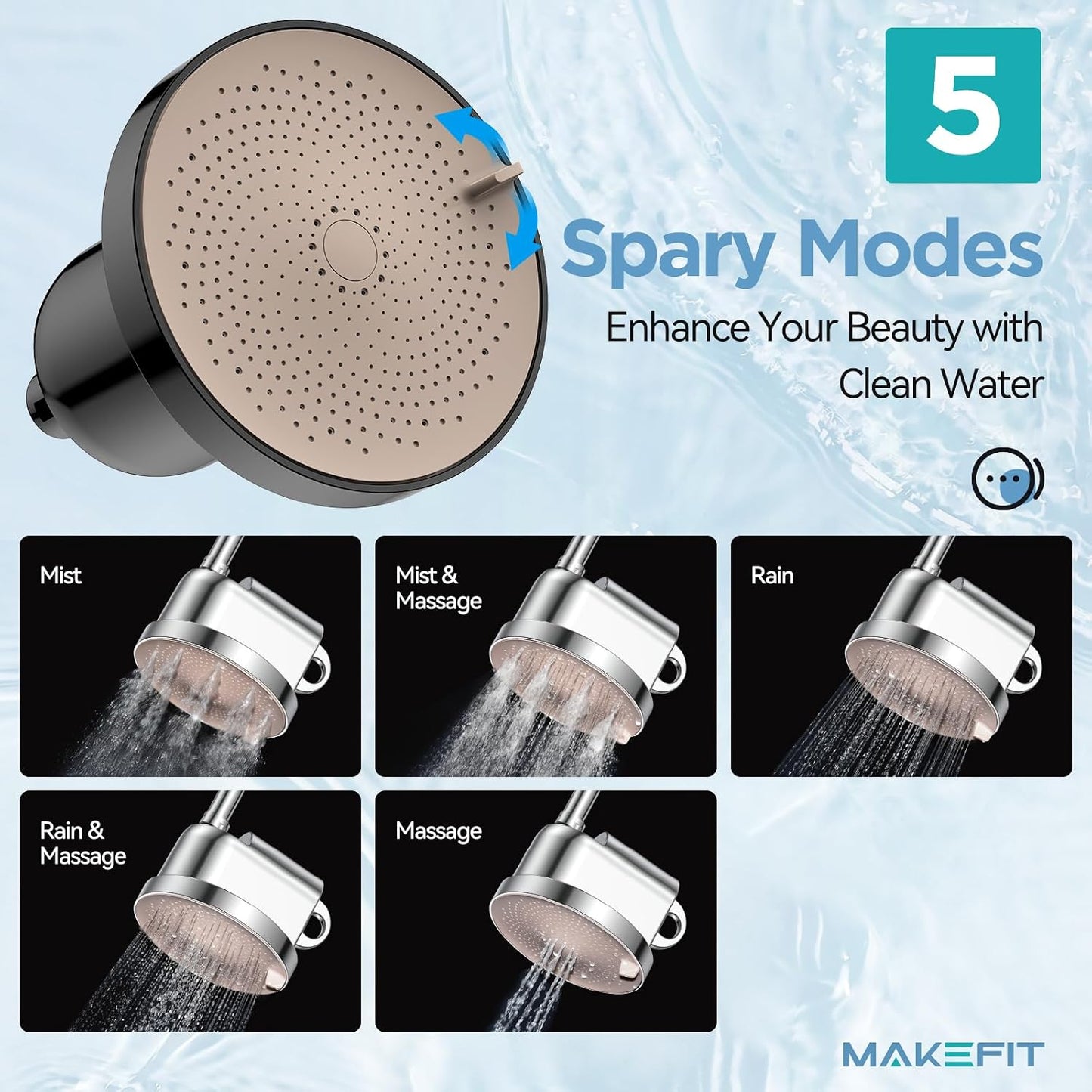 MakeFit Filtered Shower Head - High Pressure Shower Head with Filter for Hard Water Softener - 7 Settings Bathroom Rain Showerhead to Remove Chlorine and Heavy Metals (Chrome)