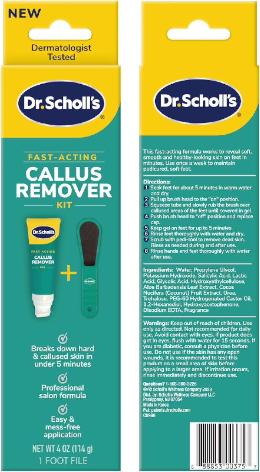 Dr. Scholl's Fast Acting Callus Remover Gel Kit, Hard Skin Removal, Smooth Soft Feet in Minutes, Salon Professional Formula, Mess Free Application, Exfoliating Foot File Pedicure Tool Included