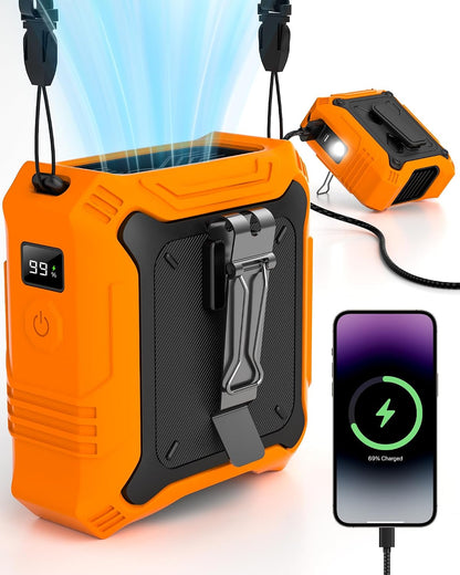 TUNISE Portable Fan with 5-Speed Settings, Dual-Sided Clip on Wearable Belt Waist Fan for 8000mAh, 2 Settings including Flashlight,Travel Essential for Outdoor Camping as Power Bank