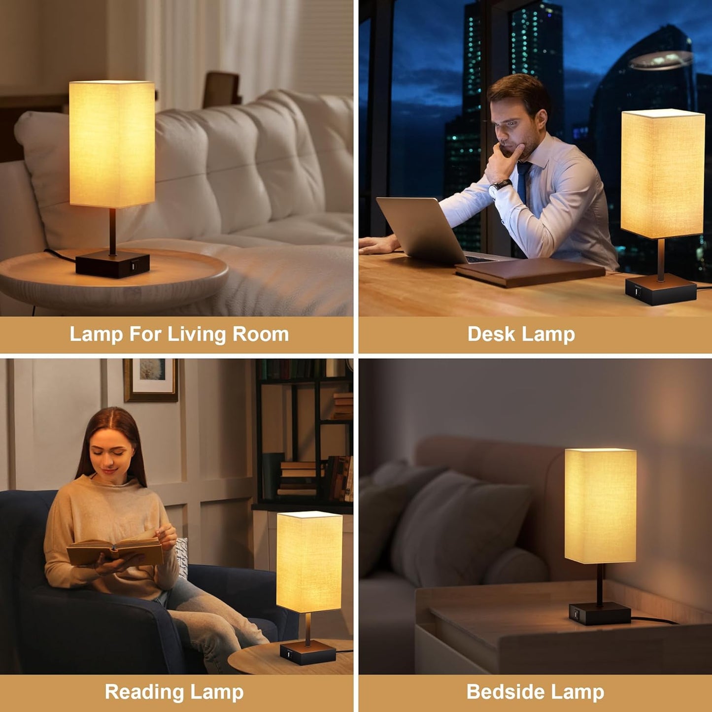Table Lamp for Bedroom, 3 Way Dimmable Touch Bedside Lamp, Small Lamp with 2 USB C+A Charging Ports, Black Nightstand Lamps for End Table, Living Room, Desk, Bulb Included