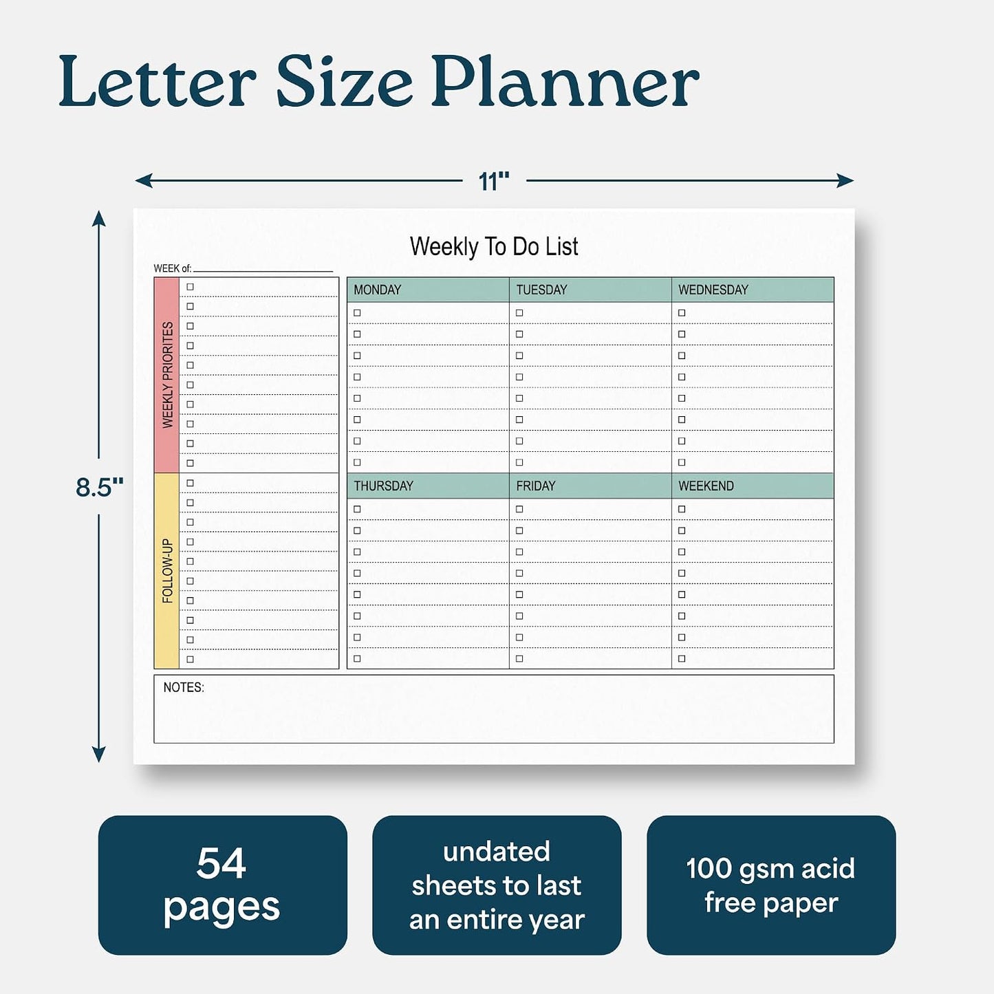 Large Weekly Planning Pad and Matching Notepad, 52 Letter Size Tear-Off Sheets, 8.5” x 11” Undated Weekly Desk Planner Pad, Daily Schedule, Daily To Do List, Notes, Goals For Work and Home