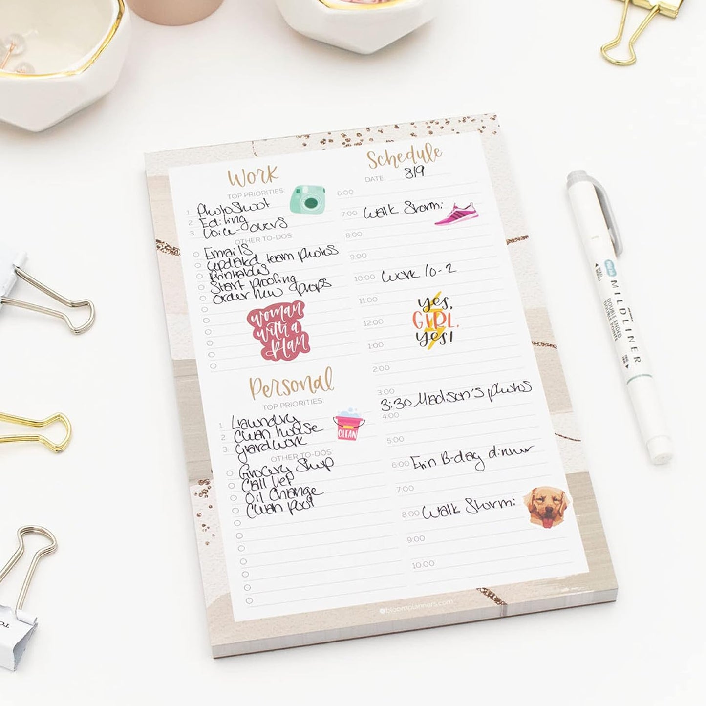 bloom daily planners Timed Work & Personal To Do List Planning Pad - ADHD Friendly Undated Tear-Off Hourly Checklist Notepad Appointment Organizer - 6" x 9" - Brushed Beige