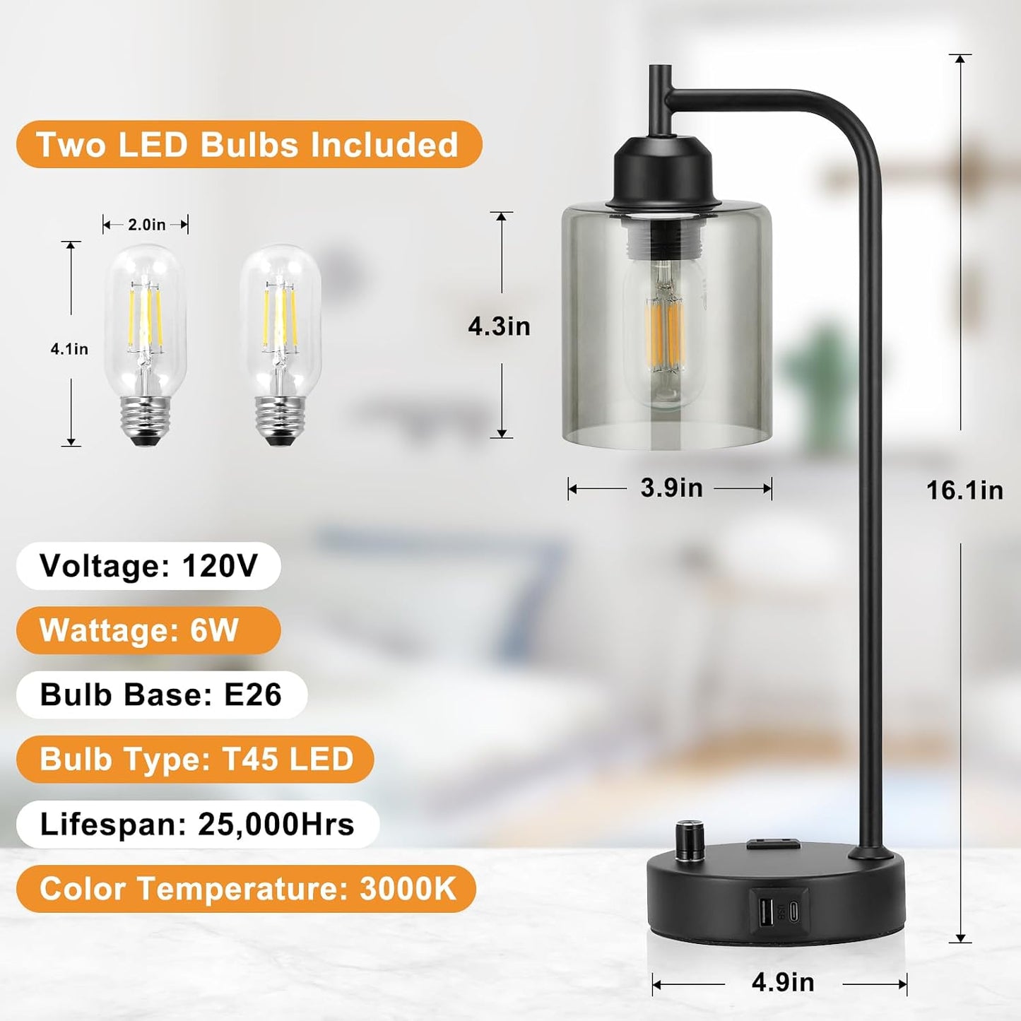 Industrial Table Lamps for Bedrooms Set of 2 - Fully Dimmable Bedside Lamps with USB A and C Ports and Outlet, Black Nightstand Lamps with Glass Shade for Living Room, Desk Lamps for Office Reading