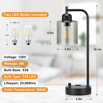Industrial Table Lamps for Bedrooms Set of 2 - Fully Dimmable Bedside Lamps with USB A and C Ports and Outlet, Black Nightstand Lamps with Glass Shade for Living Room, Desk Lamps for Office Reading