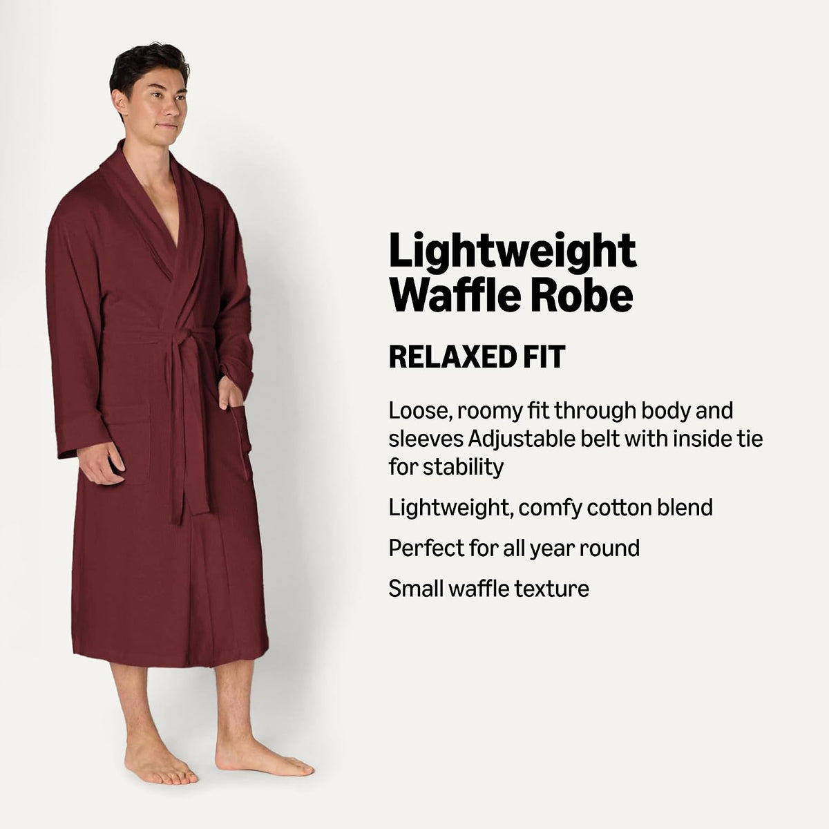 Amazon Essentials Men's Lightweight Cotton Waffle Bath Robe, Mid-Length Loungewear (Available in Big & Tall)