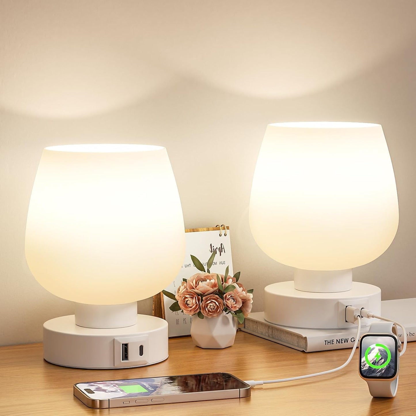 Seealle Touch Table Lamp for Nightstand - Small Bedside Lamp for Bedroom Living Room Night Stands, Desk Lamp with White Glass Shade for Small Spaces, 3 Way Dimmable, LED Bulbs, Gifts