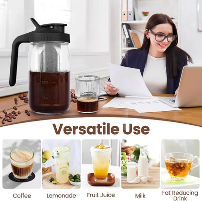 Cold Brew Coffee Maker,64 oz Mason Jar Pitcher with Stainless Steel Filter, Pour Spout Handle Lid, Heavy Duty Glass Airtight & Leak-Proof for Iced Coffee,Tea & Lemonade