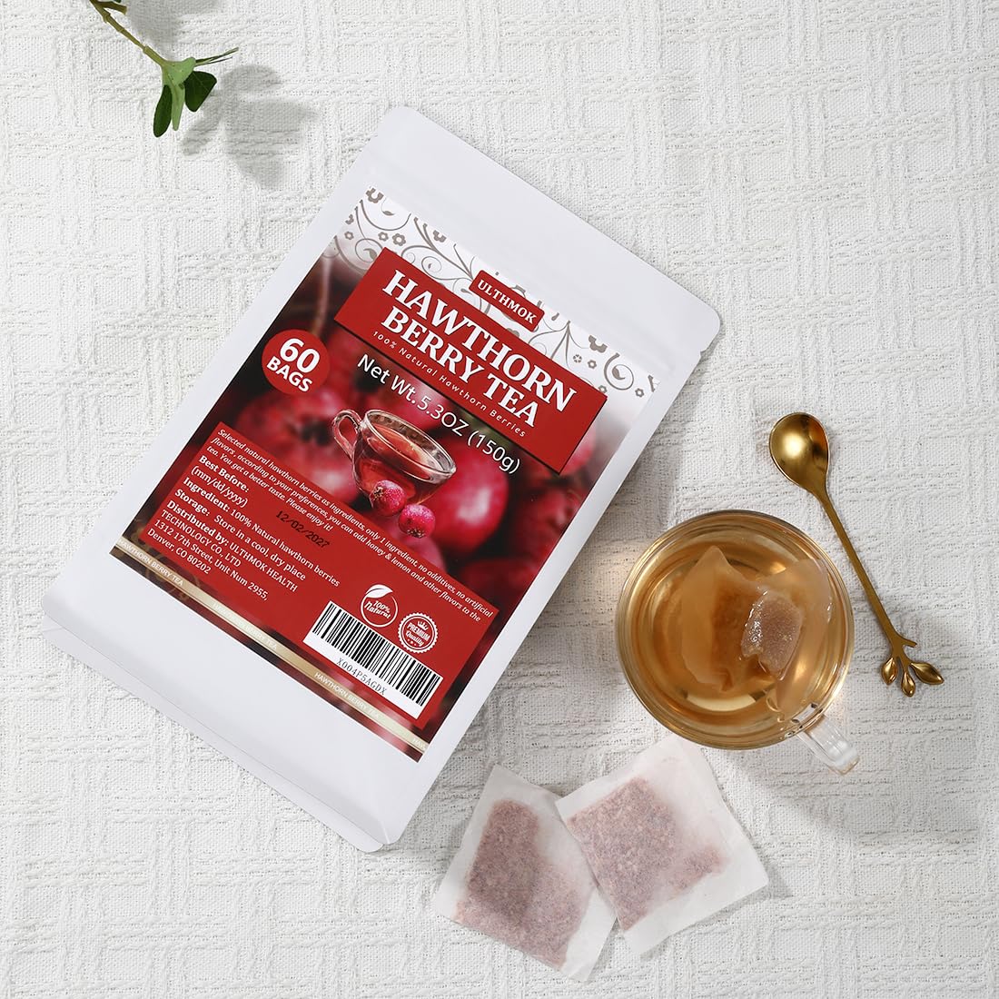 Premium 60 Hawthorn Berry Tea Bags, Made with 100% Natural Hawthorn Berries, Aid Digestion & Provide Antioxidants, No Additives & Caffeine Free.