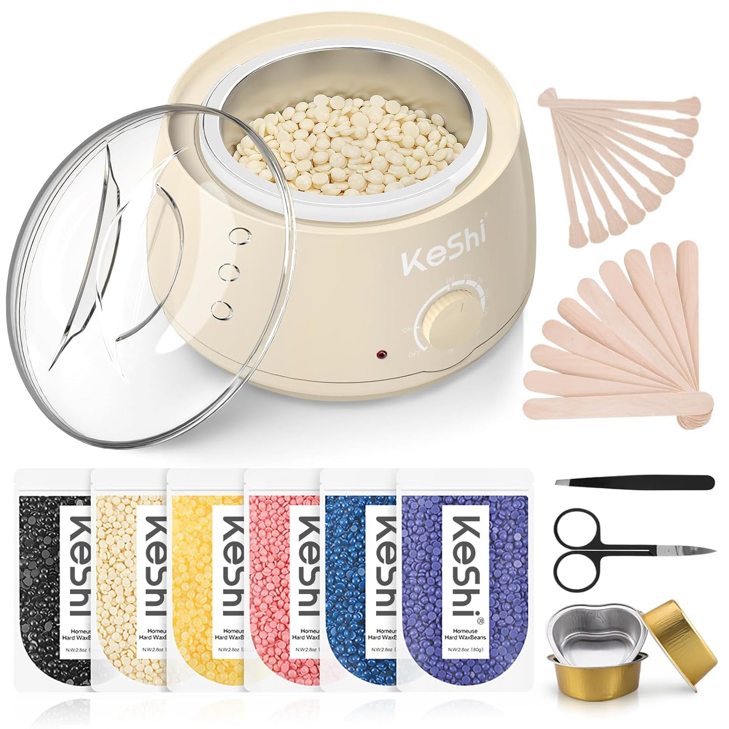 KeShi Waxing Kit, Painless Hair Removal Wax Warmer with 6 Bags Hard Wax Beans for Full Body, Legs, Face, Eyebrows & Bikini— Ideal for Both Women & Men