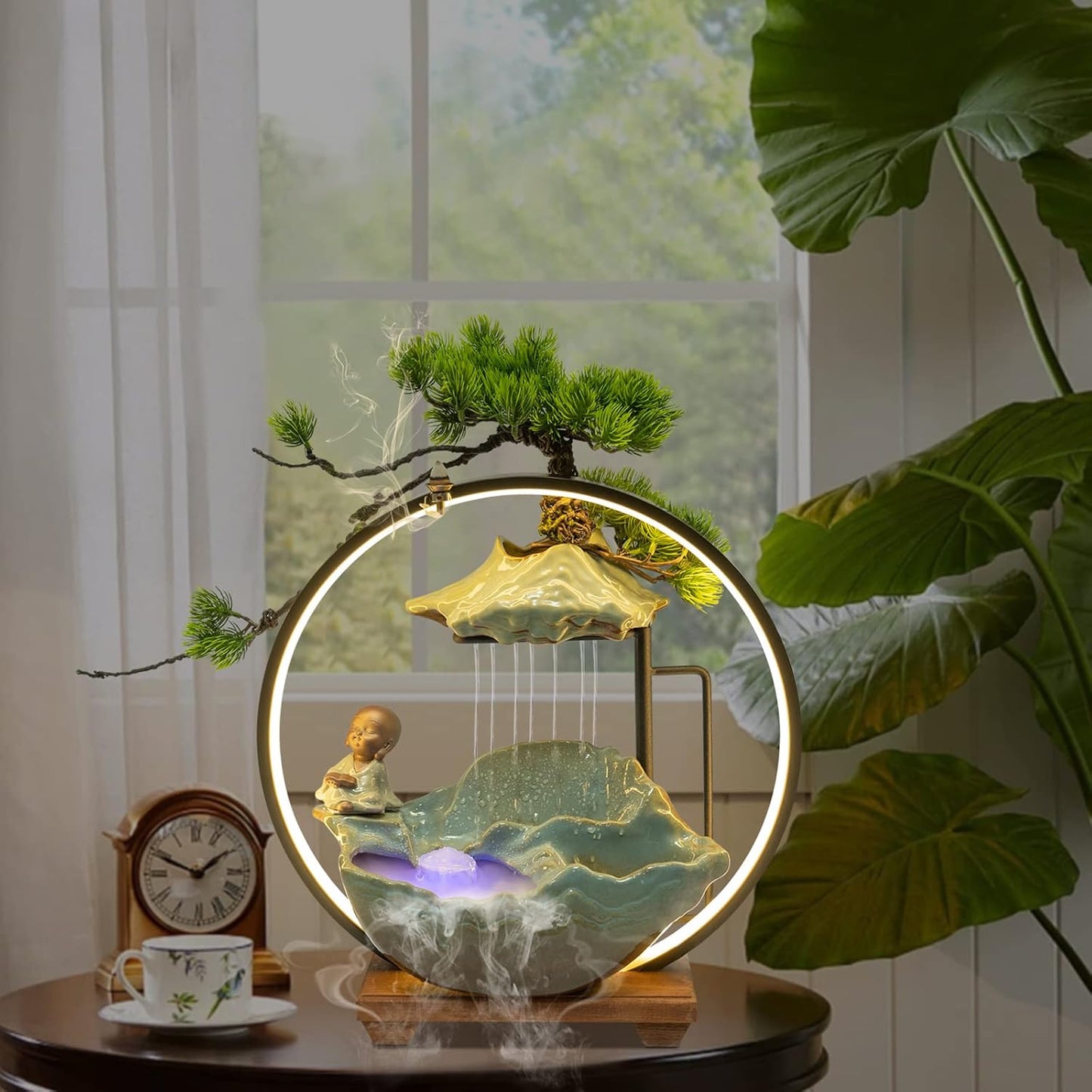 Mini Artificial Bonsai Tree Waterfall Fog Feature Rock Tabletop Fountain | 11in Desktop Decor Waterfall Fountain W/ Water Pump& Atomizer&LED Lights &Fake Tree Office Bedroom Relax