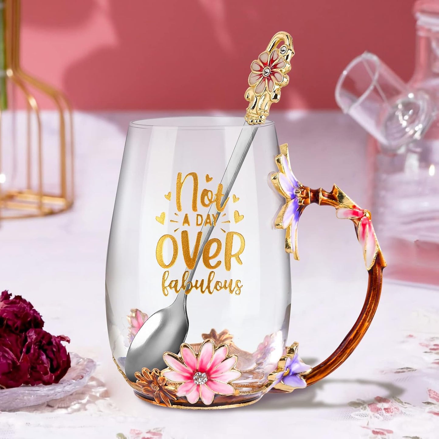 Enamel Glass Flower Tea Pot With Removable Loose Tea Leaf Infuser Tea Maker Teapot Set 30.4OZ Gifts for Women,Mom,Birthday