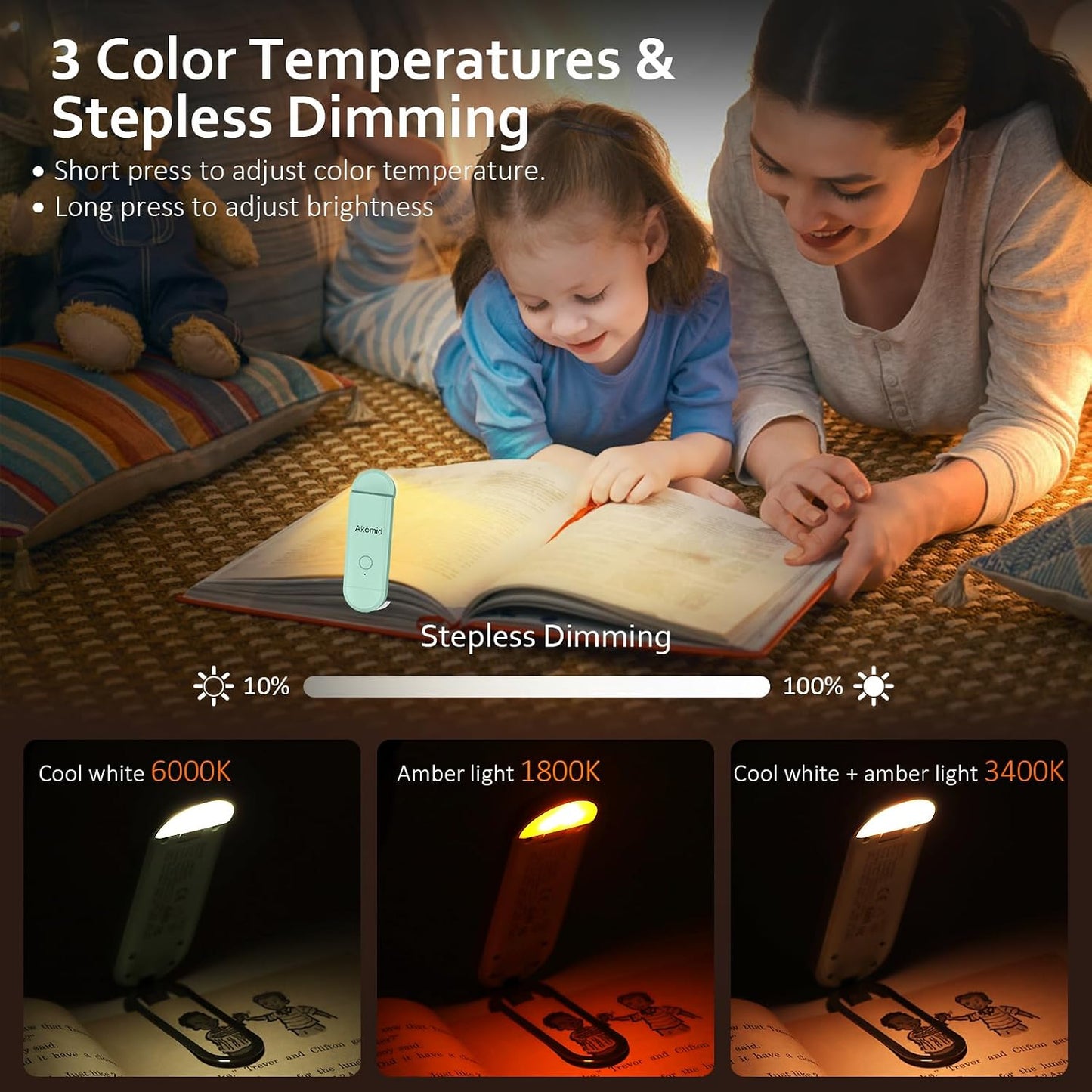 Akomid USB Rechargeable Book Light for Reading in Bed, 8 LEDs Bookmark Style Clip on, Eye-Cared Amber Light Mode for Kids, Blue Light Blocking, Stepless Dimming,Khaki