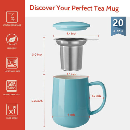 Sweese 20 OZ Porcelain Tea Mug with Infuser and Lid, Loose Leaf Tea Cup, Gifts for Tea Lover - Mint Green