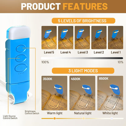 Book Reading Light Rechargeable Clip on Book Lamp with 3 Color Temperatures