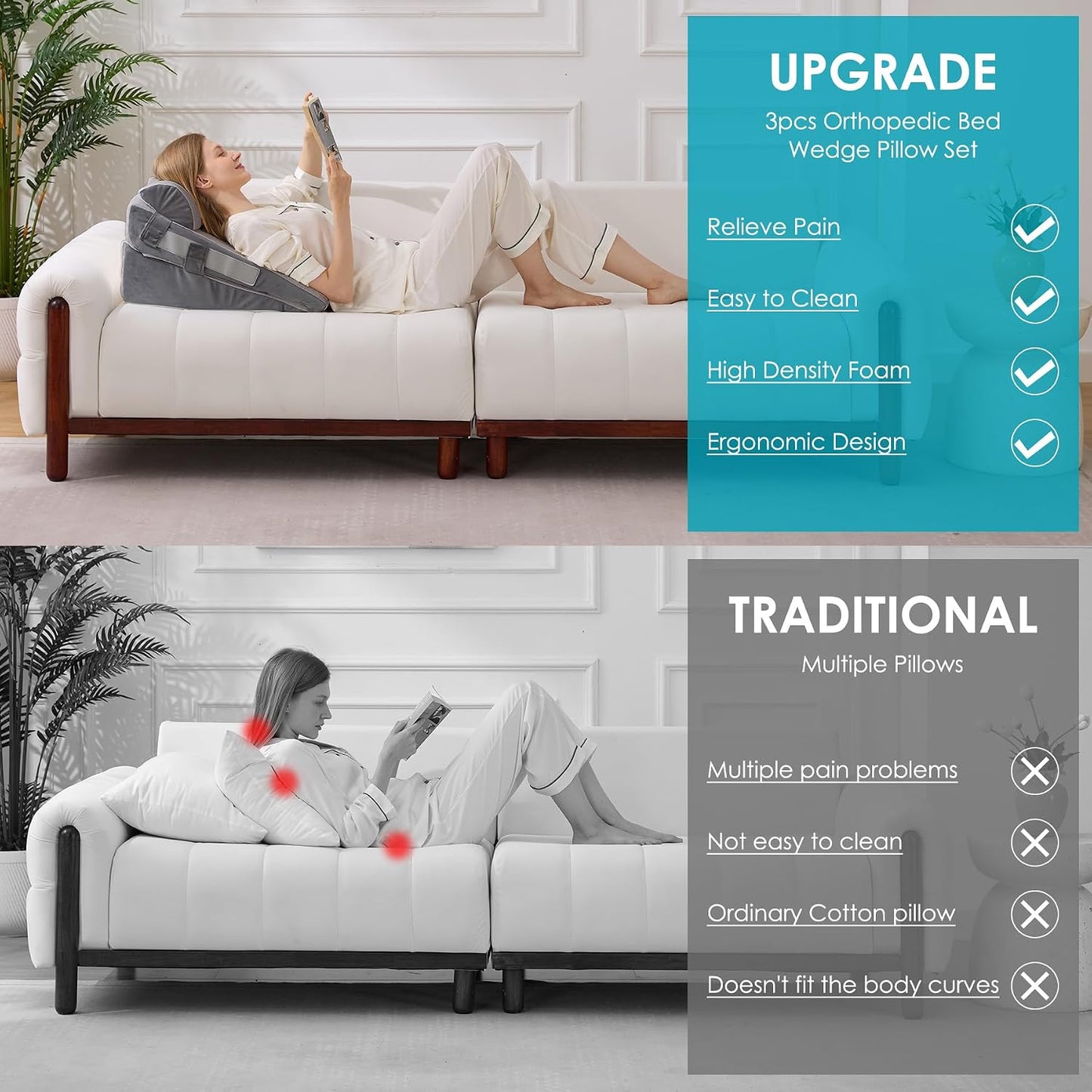 3Pcs Wedge Pillow Set for After Surgery,Acid Reflux Relief, Adjustable Bed Wedge Pillows for Sleeping,Anti Snore, Memory Foam Triangle Pillow for Back&Neck&Shoulder Pain Relief, White&Grey