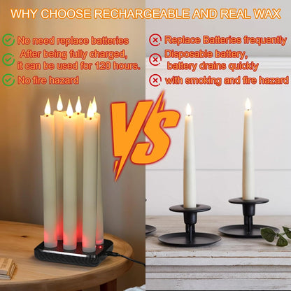 GenSwin Flameless Ivory Taper Candles Flickering with 10-Key Remote, Battery Operated Led Warm 3D Wick Light Window Candles Real Wax Pack of 6, Christmas Home Wedding Decor(0.78 X 9.64 Inch)