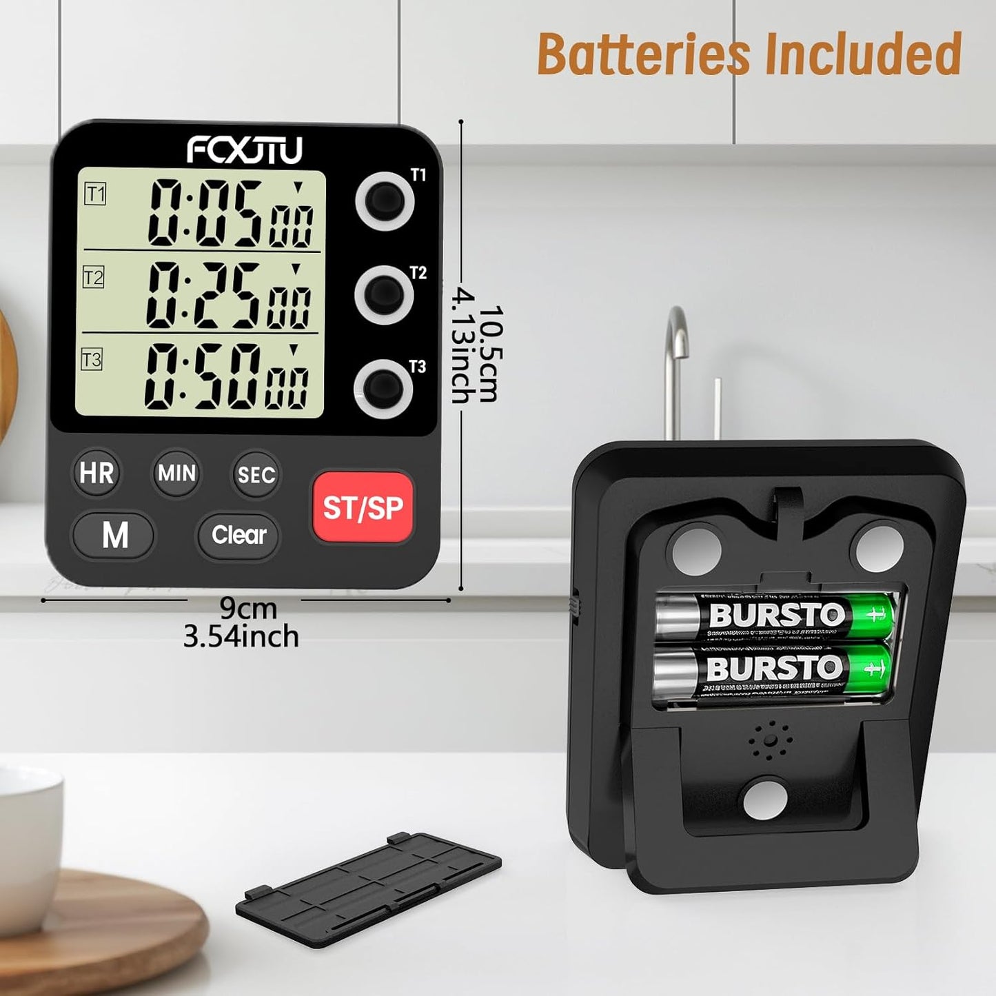 Digital Dual Kitchen Timer, 3-Channel Magnetic Countdown Stopwatch Timer for Cooking, Large Display, Loud Alarm, 100Hr Multi Food Classroom Timer for Seniors & Teachers (Battery Included)