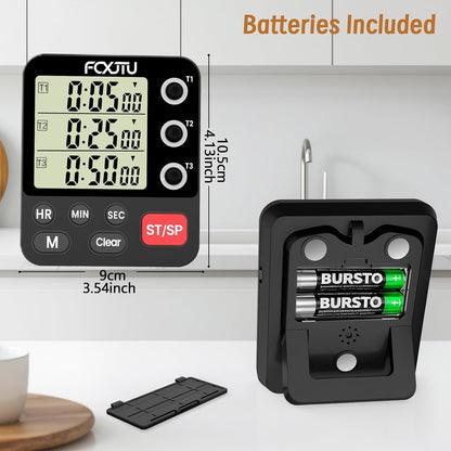Digital Dual Kitchen Timer, 3-Channel Magnetic Countdown Stopwatch Timer for Cooking, Large Display, Loud Alarm, 100Hr Multi Food Classroom Timer for Seniors & Teachers (Battery Included)