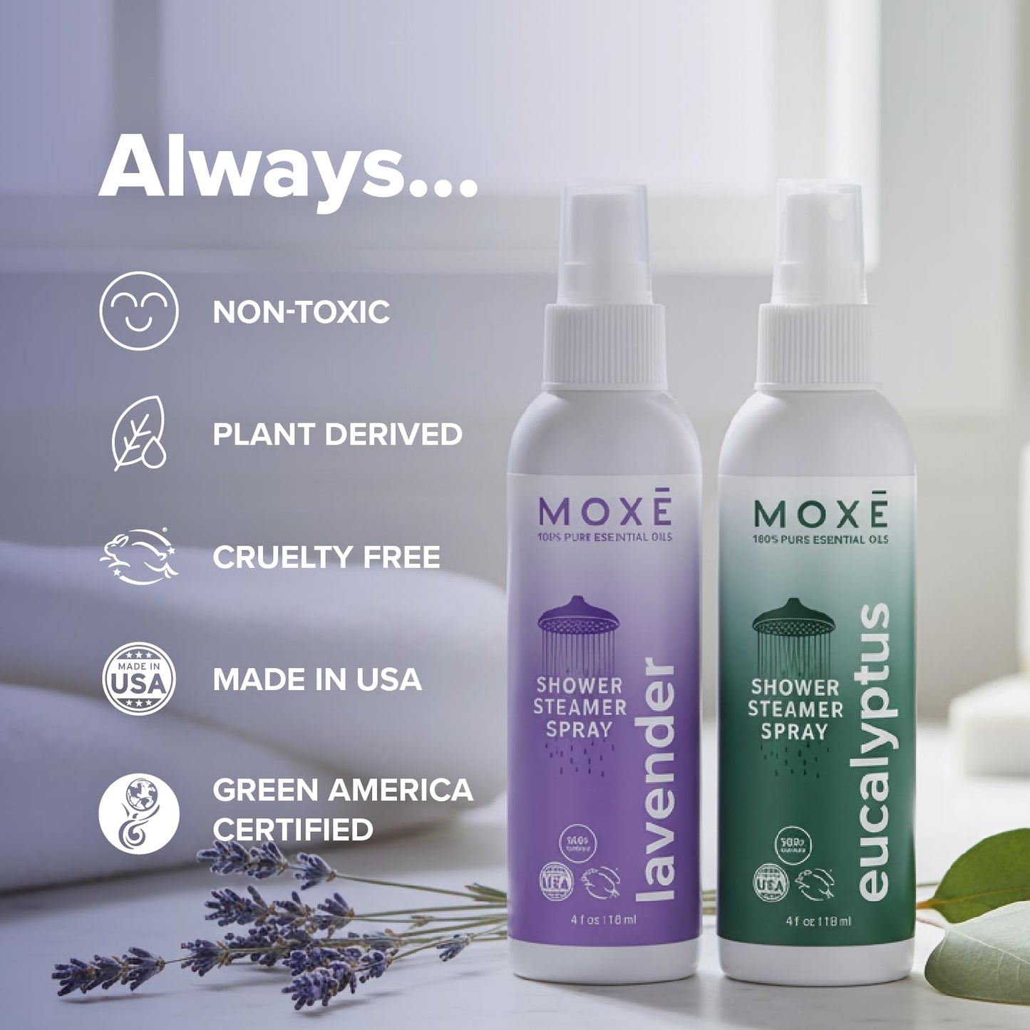 MOXĒ Eucalyptus Oil Shower Mist, Spa Steam Spray, Certified Natural 100% Essential Oils, Made in USA, Aromatherapy, Sinus Congestion Relief, Tension Relief, 4 Ounces