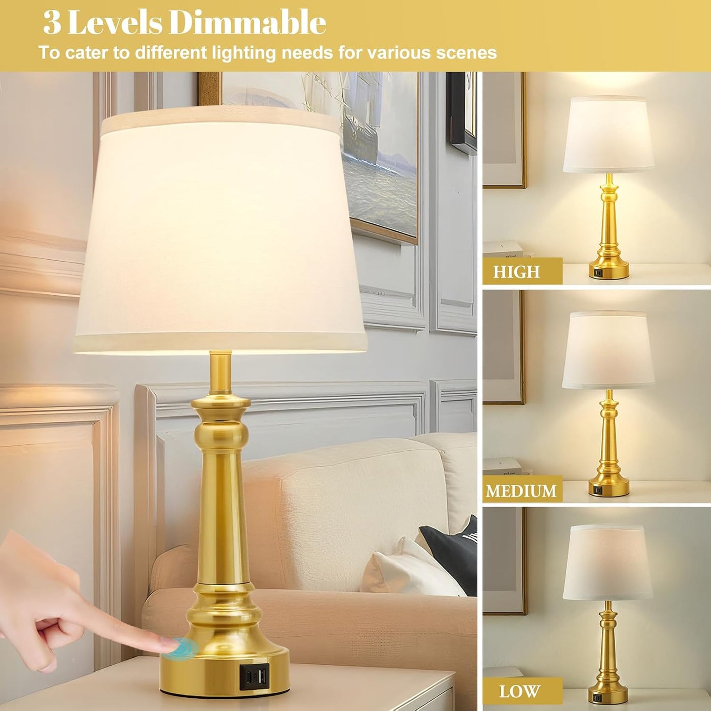 EJIAXIN Lamps for Bedrooms Set of 2, Brushed Nickel Bedside Lamps with USB C+A Ports,Dimmable Nightstand Lamps with Fabric Lampshade, Touch Table Lamp for Living Room Bedroom Office, Bulbs Included