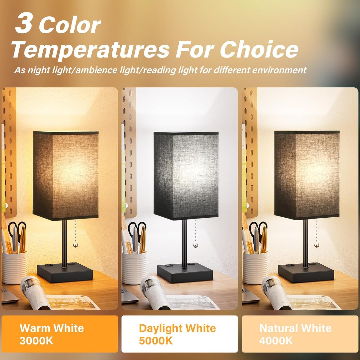 aooshine Small Table Lamp for Bedroom - Bedside Lamps for Nightstand, Minimalist Night Stand Light Lamp with Square Fabric Shade, Desk Reading Lamp for Kids Room Living Room Office Dorm