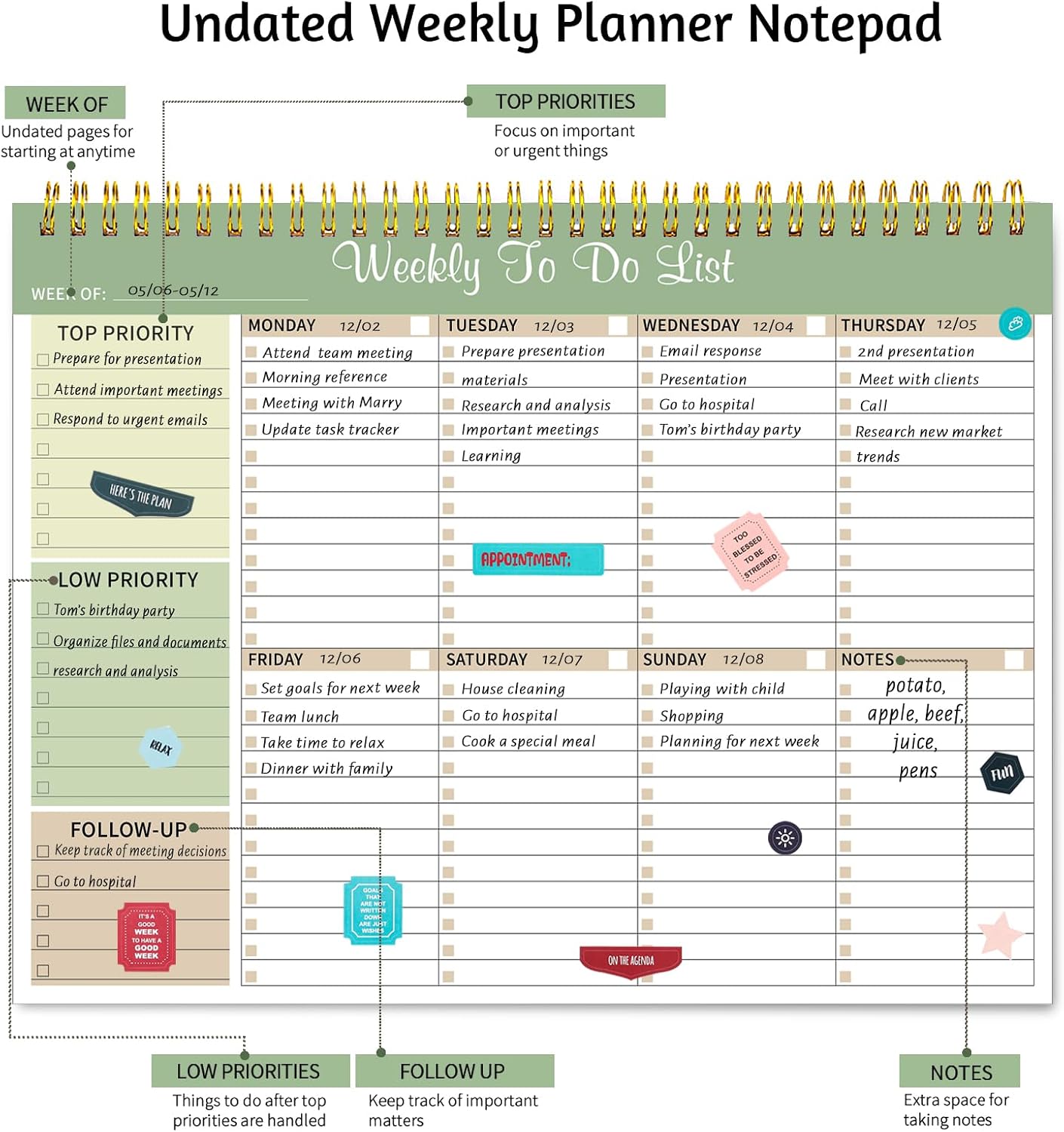Thboxes Weekly To Do List Notepad, 8.5"x11" Desk Planner 52 Sheets, Green | 100GSM Paper Undated Habit Planner, Productivity Organizer Notepad, for Home School Office Work, Travel, College Essentials