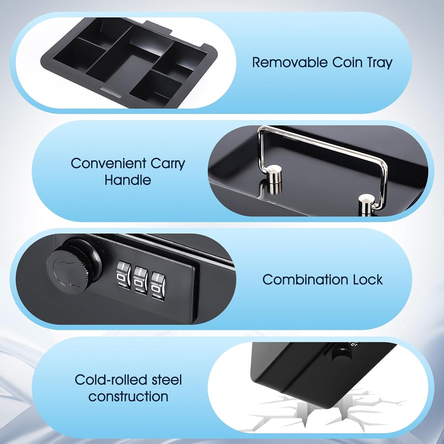 KYODOLED Small Cash Box with Combination Lock & Removable Money Tray, Black