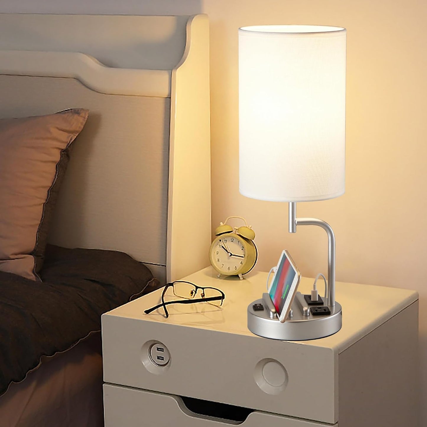 Dreamholder Table Lamp with 3 USB Charging Ports, Modern Desk Lamp with AC Outlet and Phone Stands, Perfect Bedside Lamp for Bedroom, Living Room, Office (Pack of 2), Cream