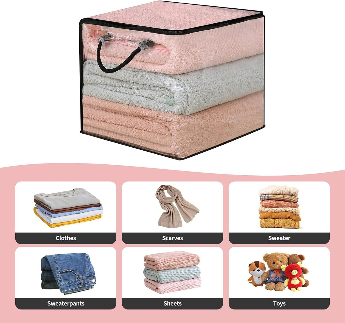 10-Pack Clear Zippered Storage Bags with Handles, Two-Way Zipper Foldable Closet Organizer, Bed Sheet Organizer, Plastic Storage Bin for Clothes, Towels