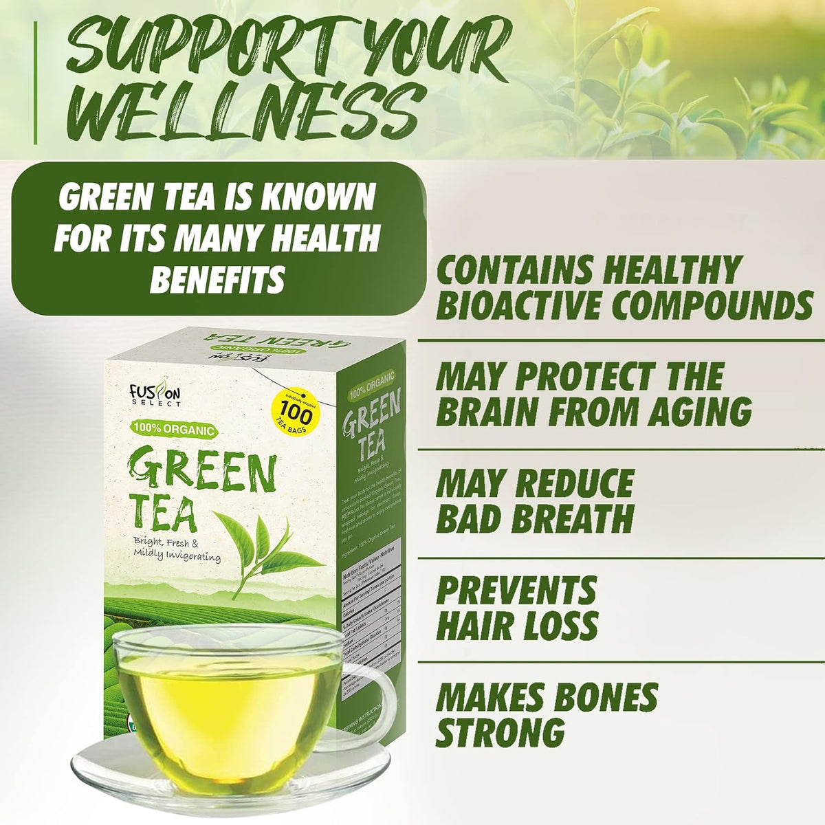 Fusion Select Organic Green Tea - Fresh Drink with Mild & Bright Flavor - Easy to Brew - Relaxing Tea Beverages with Antioxidant Support - 100 Individual Tea Bags per Box
