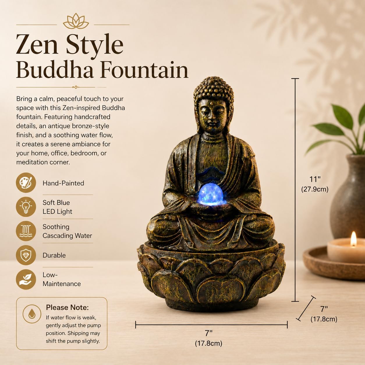 Indoor Tabletop Water Fountain with LED Light, Resin Rock-Look Waterfall Decor, Feng Shui Inspired Zen Fountain for Desk, Office, Bedroom, Living Room & Meditation Space (9" Cascading Rock)