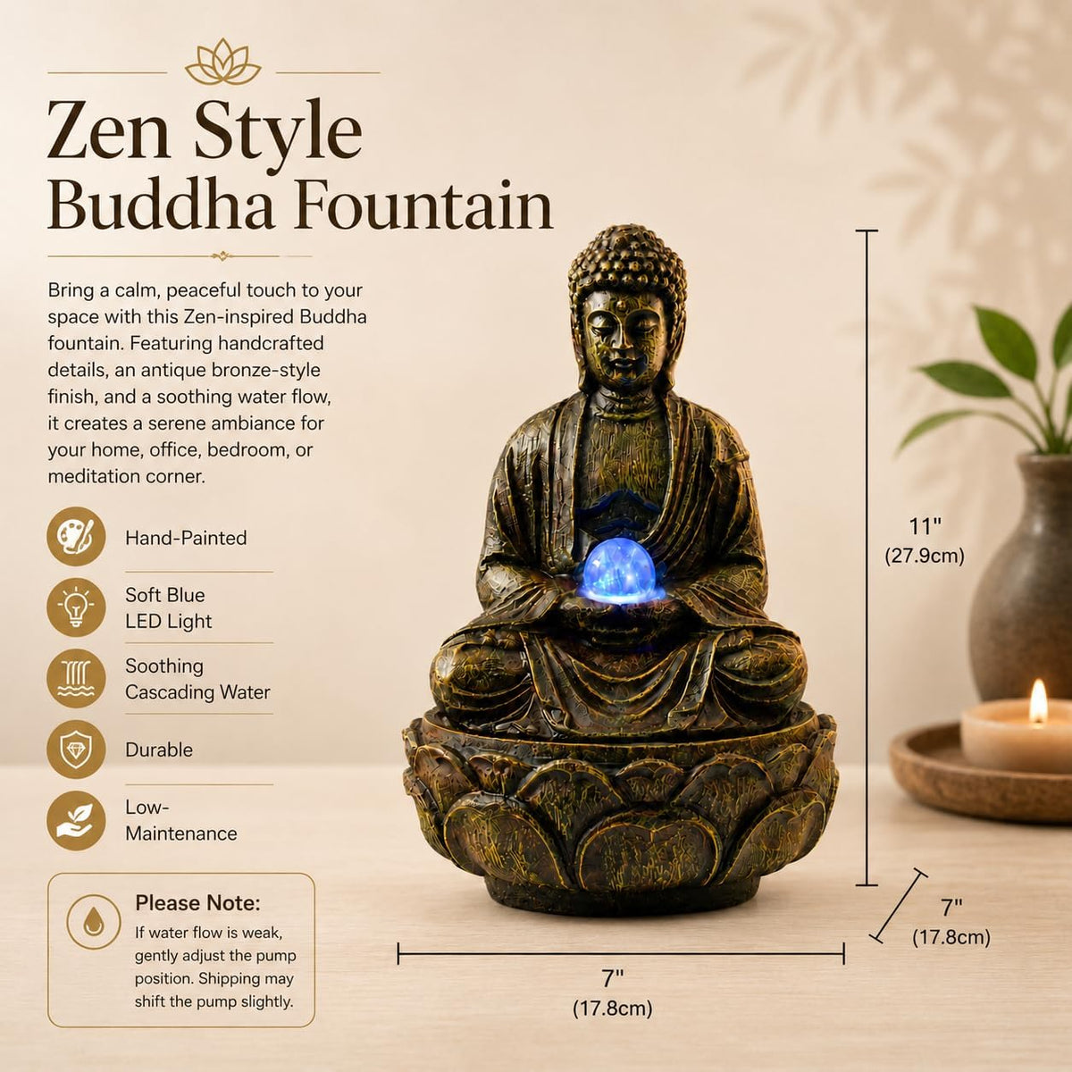 Indoor Tabletop Water Fountain with LED Light, Resin Rock-Look Waterfall Decor, Feng Shui Inspired Zen Fountain for Desk, Office, Bedroom, Living Room & Meditation Space (9" Cascading Rock)