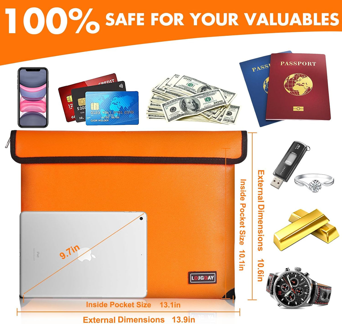 Fireproof Document Bag - with 5200°F Heat Insulated, Waterproof Fireproof Bag with Zipper, 8 Layers of Functional Materials, Fireproof Money Bag for Cash/Documents/Valuables, Fire bag 11"x7.7"