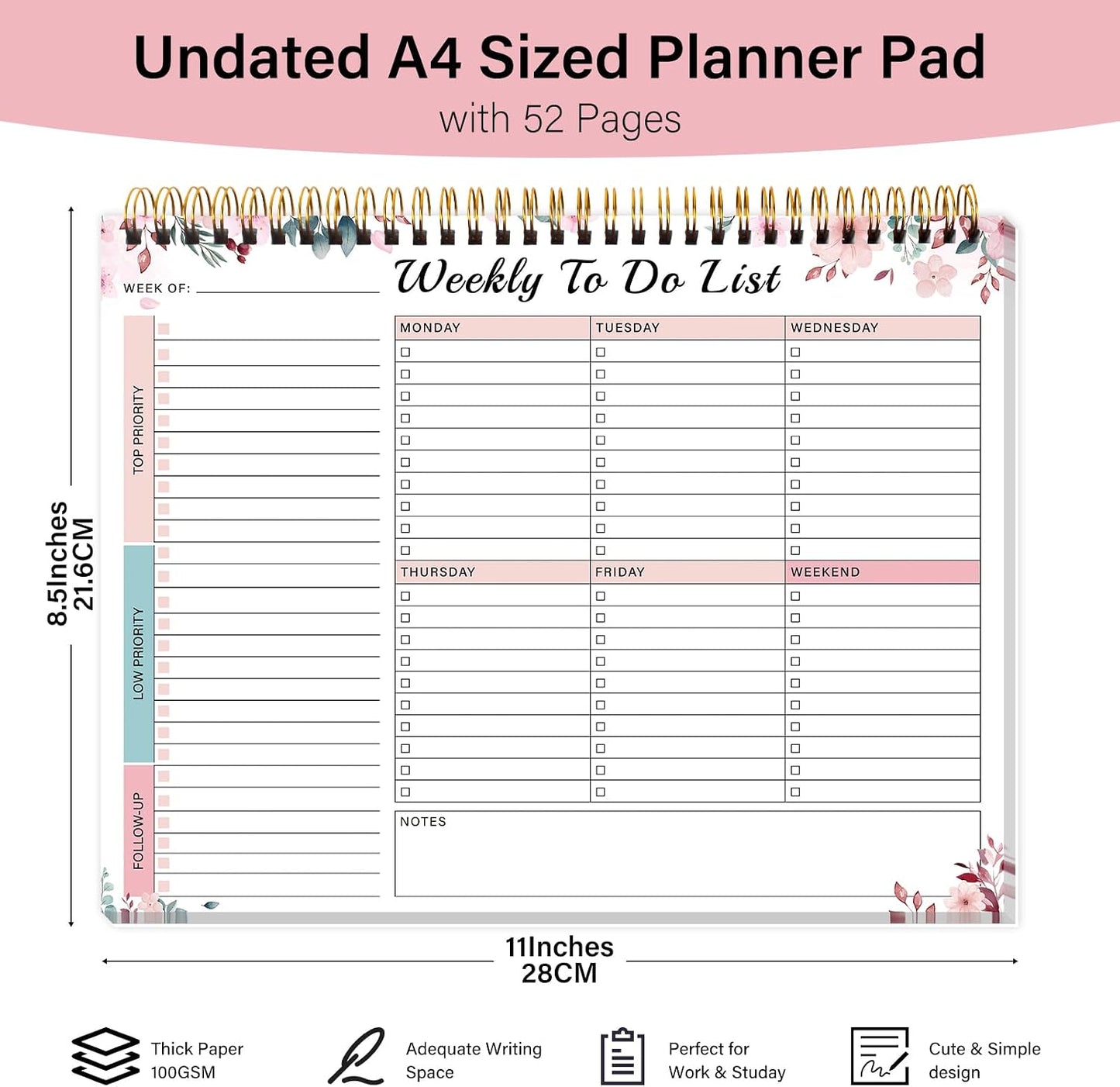 Weekly To Do List Notepad with 52 Undated Sheets（8.5"×11"）- Weekly Desk Planner Pad with Spiral Binding for Women & Man, Office, School and Home Personal Organizer