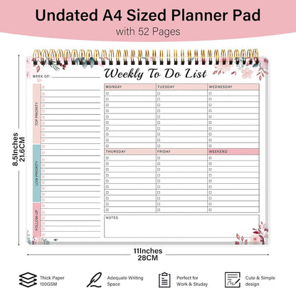 Weekly To Do List Notepad with 52 Undated Sheets（8.5"×11"）- Weekly Desk Planner Pad with Spiral Binding for Women & Man, Office, School and Home Personal Organizer