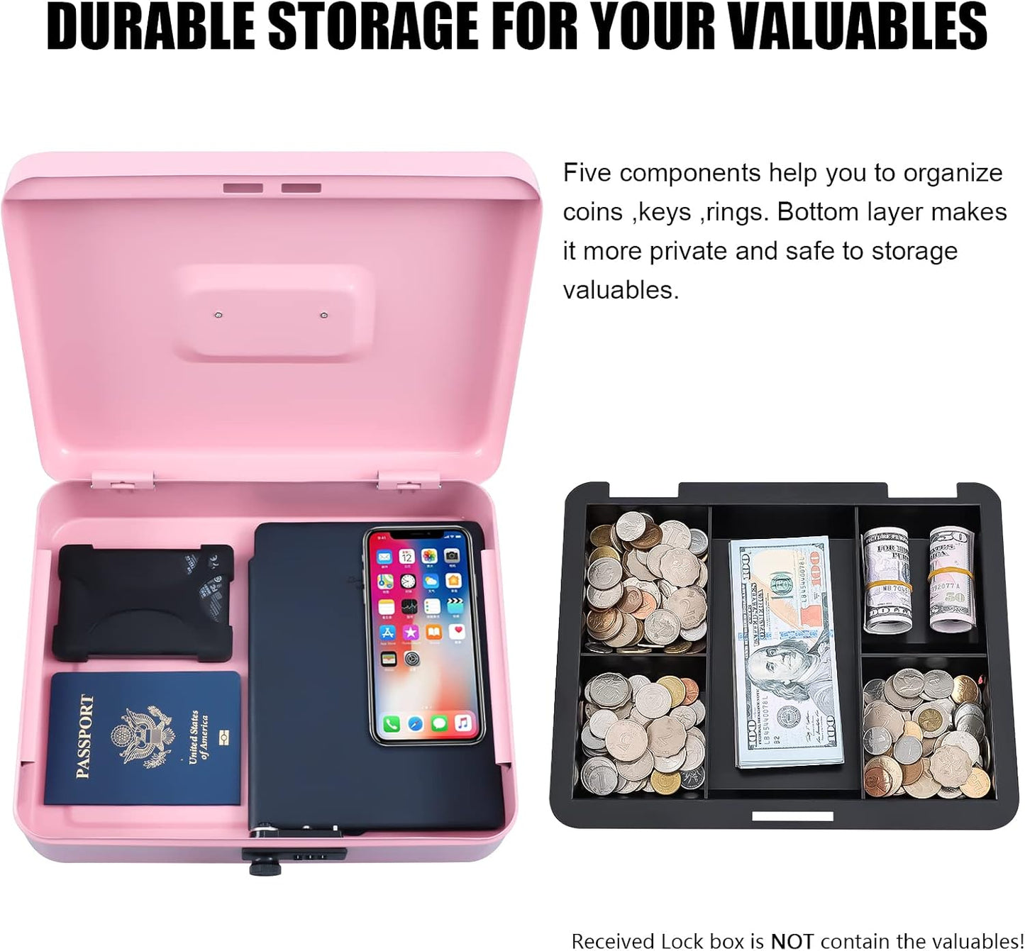 KYODOLED Cash Box with Combination Lock Safe Metal Money Box with Money Tray for Security Lock Box 7.87"x 6.30"x 3.35" Black