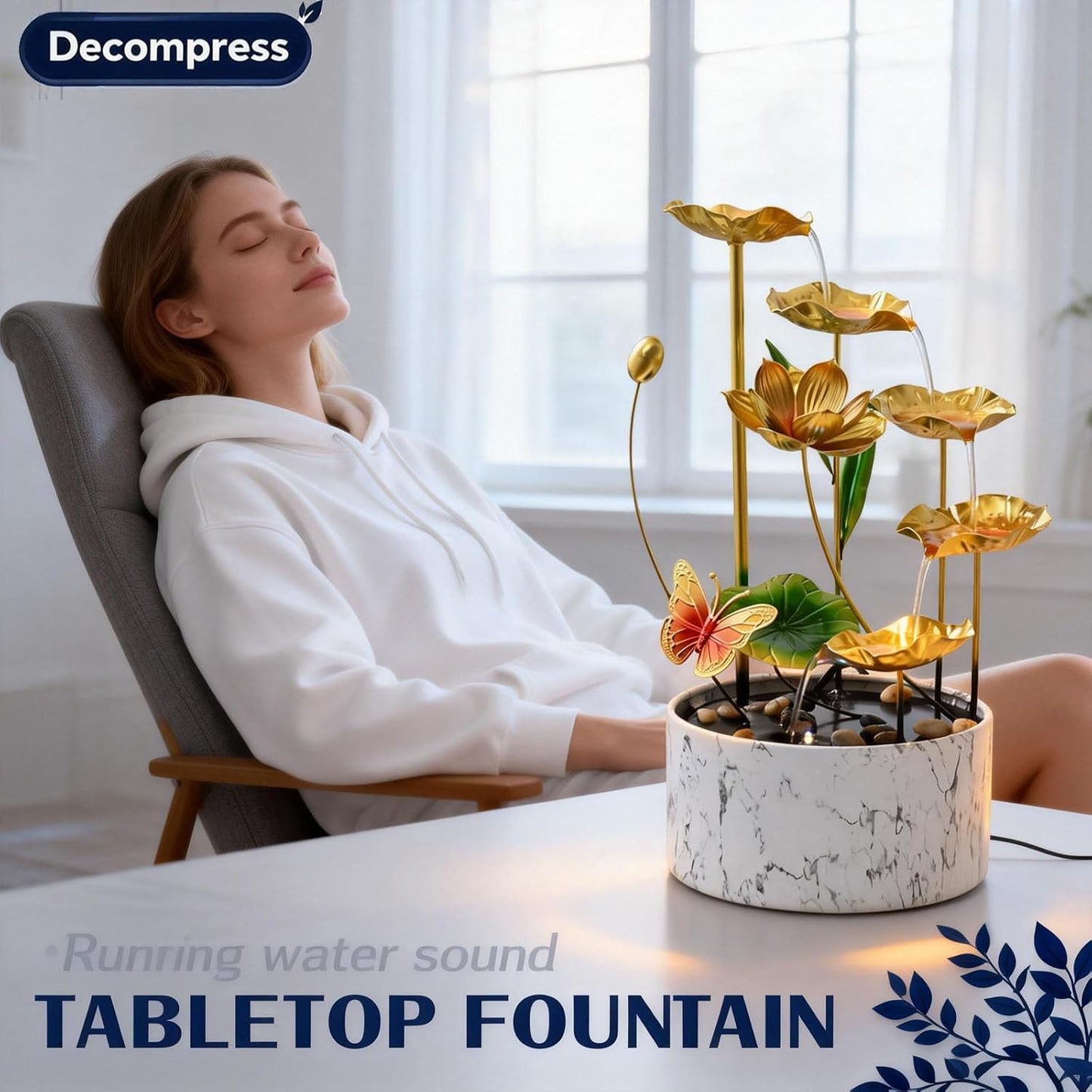 11‘’ H Gold Tabletop Water Fountain, Zen Desktop Waterfall, Indoor Lotus Desktop Decorative Fountain, Home Bathroom Bedroom Decor.