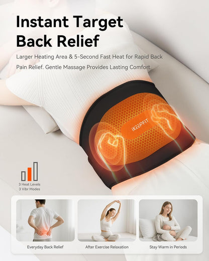 IKEEPFIT Portable Heating Pad for Back, FSA Eligible HSA, Cordless Heat Belt with Massager for Lower Back Pain Relief, Battery Powered 8000 mAh Rechargeable, MAXwarm 3.0, Gift for Women Men 90-310 lb