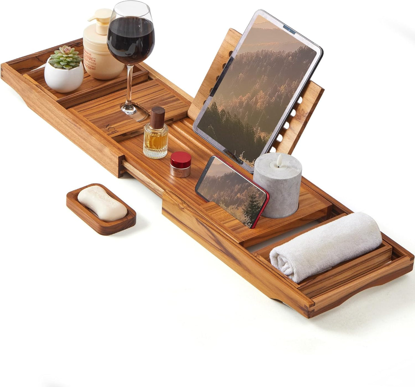 XcE Bamboo Bathtub Caddy Tray - Expandable to 41 Inches with Book Stand, Soap Holder & Anti-Slip Pads for Luxury Bath Spa, Brown
