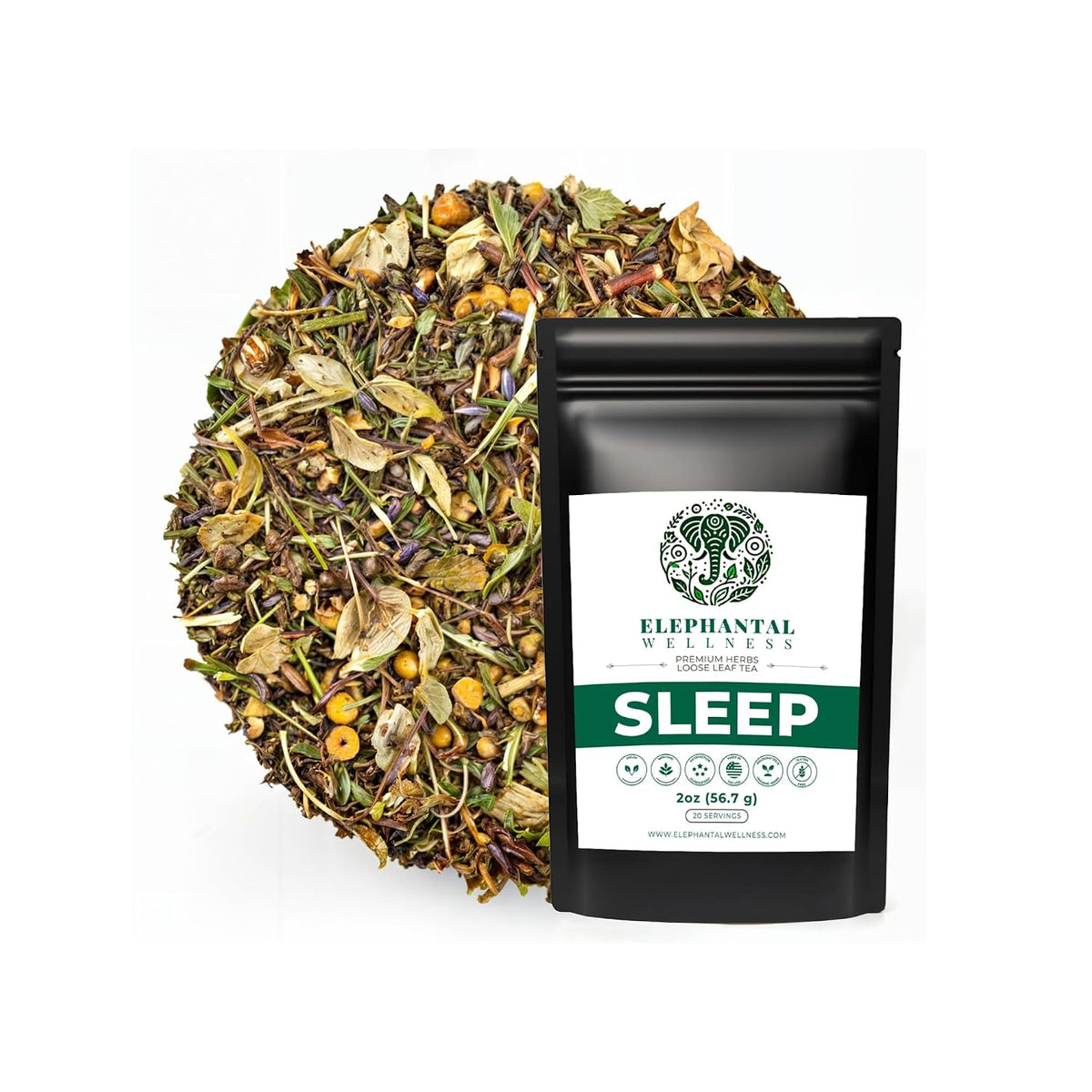 Elephantal Wellness Premium Sleep Herbal Tea | Botanical Blend with Valerian Root, Passionflower, Chamomile, Lemon Balm & Skullcap | Handmade, Caffeine-Free, Non-GMO Loose Leaf Blend, 2oz, 20 Servings