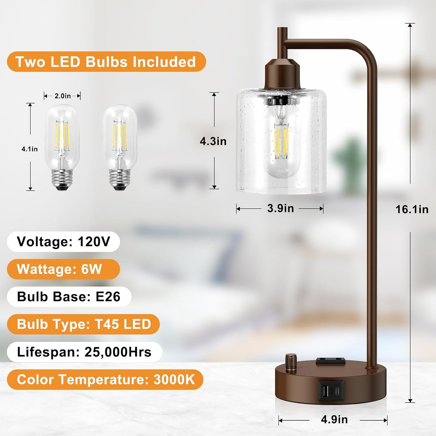 Industrial Table Lamps for Bedrooms Set of 2 - Fully Dimmable Bedside Lamps with USB A and C Ports and Outlet, Black Nightstand Lamps with Glass Shade for Living Room, Desk Lamps for Office Reading