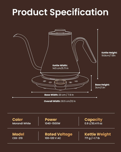 INTASTING Gooseneck Electric Kettle with ±1℉ Temperature Control 0.9 Liter