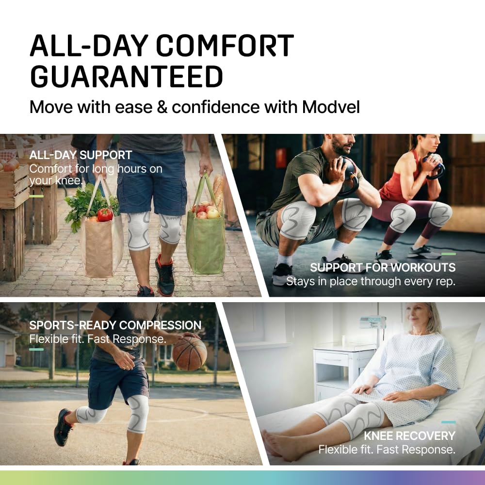Modvel Compression Knee Brace for Women & Men, 2-Pack Knee Brace for Running Knee Pain, Knee Support Compression Sleeve, Workout Sports Knee Braces for Meniscus Tear, ACL & Arthritis Pain Relief