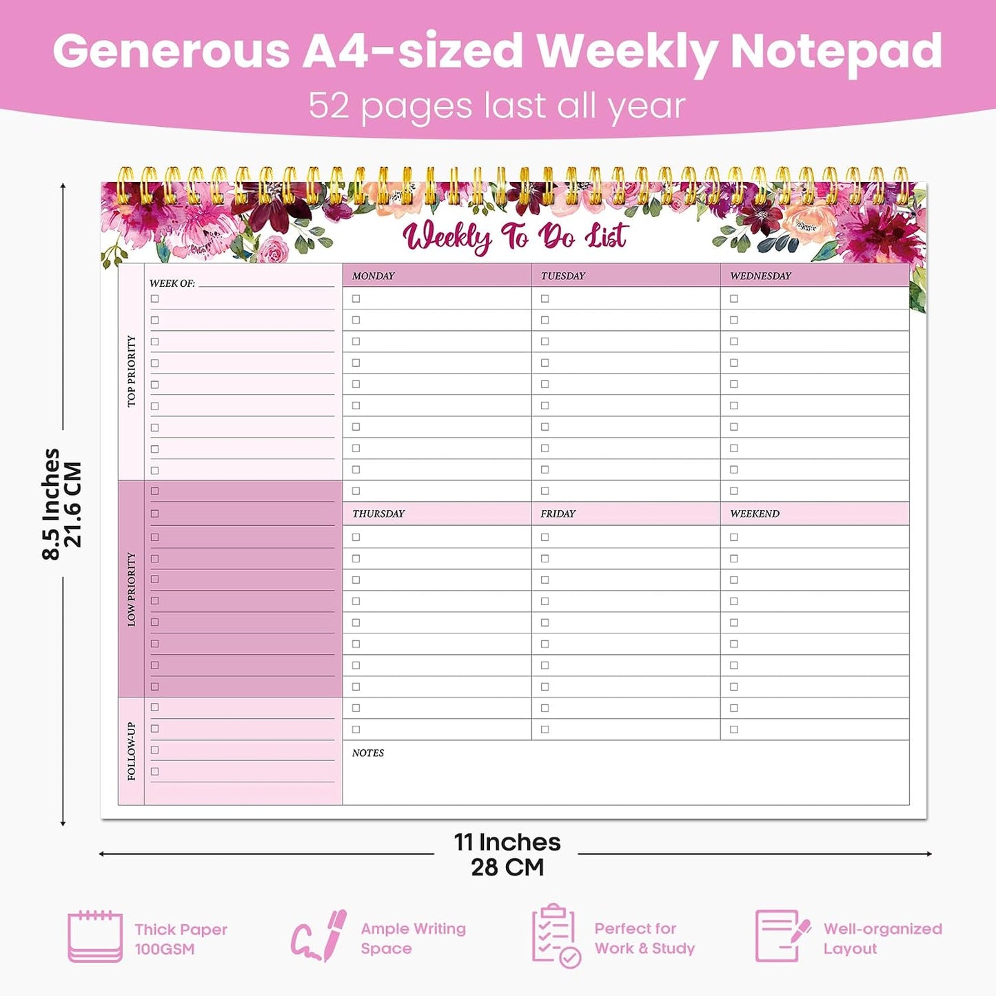 Weekly To Do List Notepad with 52 Undated Sheets（8.5"×11"）- Undated Weekly Planner Notepad for Office Desk Accessories and Supplies - Sunshine Petal