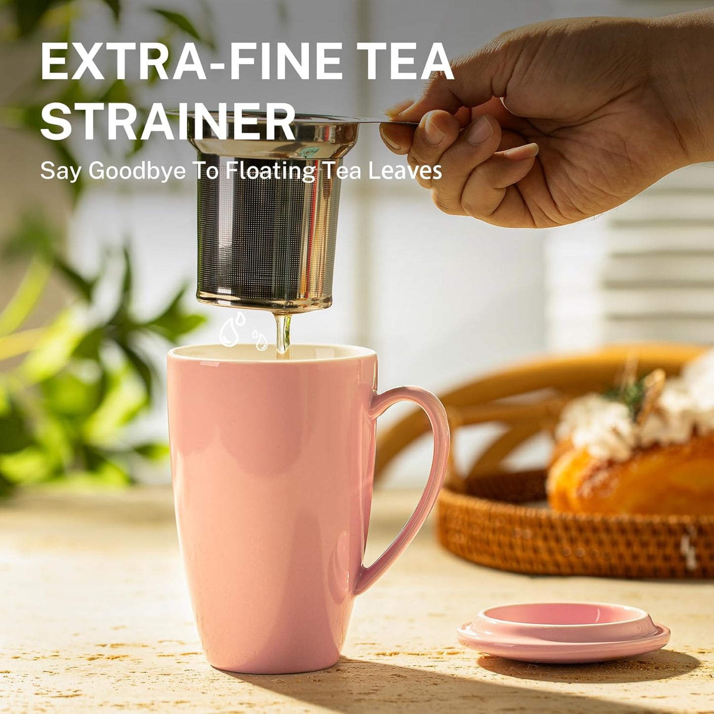 Sweese 15oz Porcelain Tea Mug with Infuser and Lid – Microwave Safe, Ergonomic Handle, Lead-Free Glaze, for Loose Leaf Tea